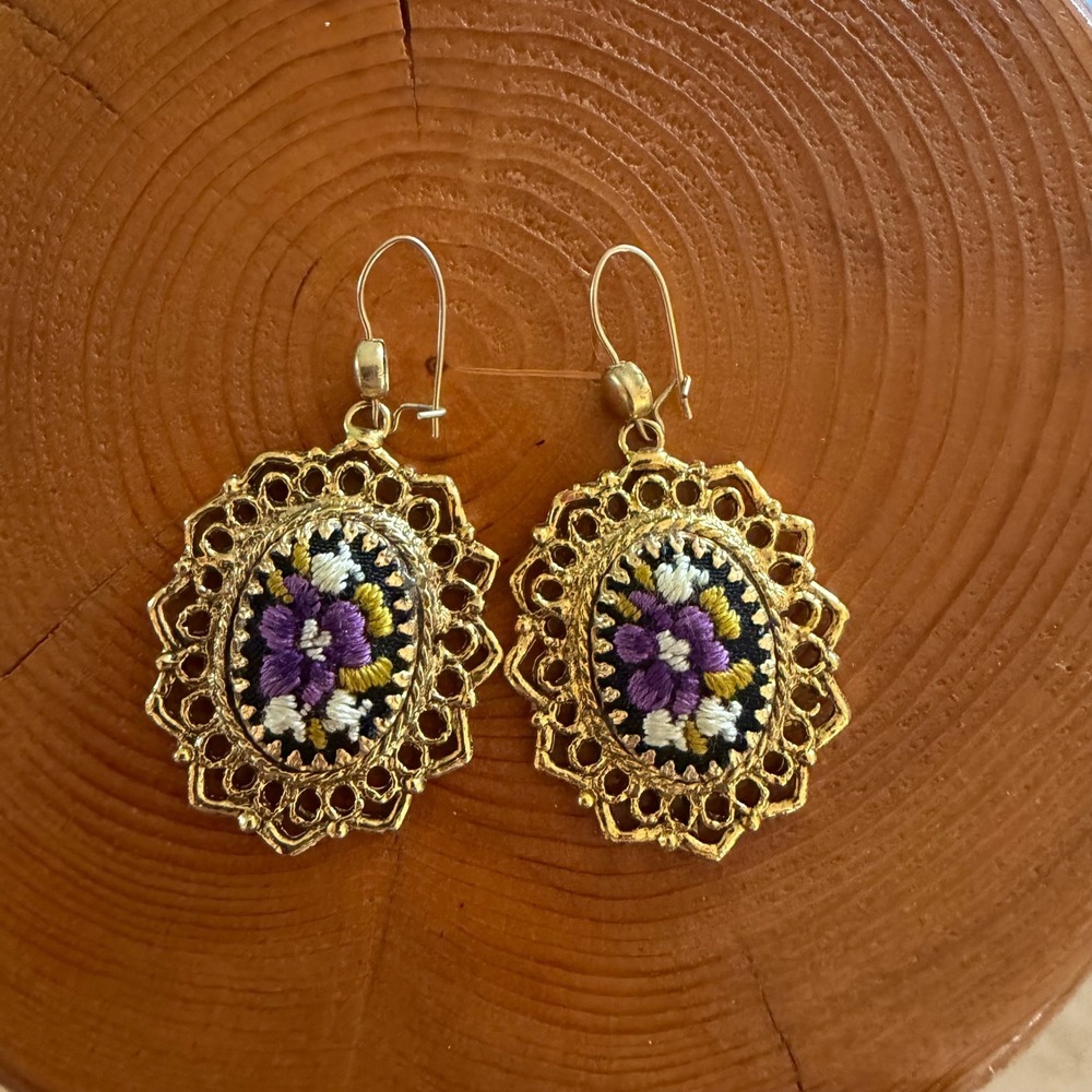 Vintage Signed HOBE Petit Point Floral Embroidered Earrings Gold Tone Filigree